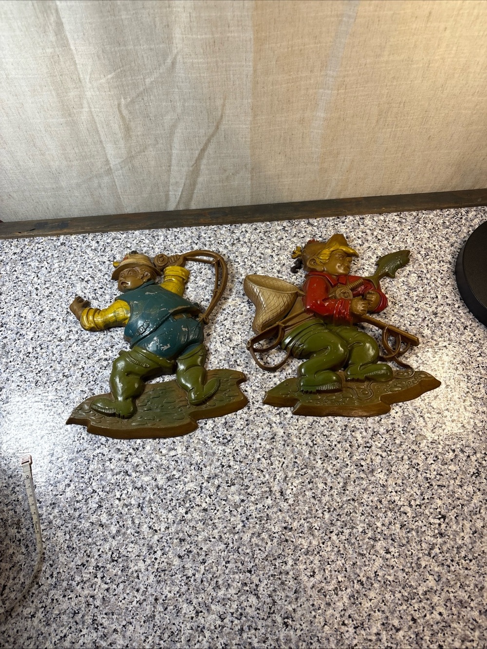 Vtg (2) Fisherman Wall Plaque 10”x9” Fishing Decoration Sexton Metal 1970’s
